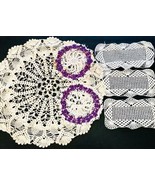 Vintage Hand Crocheted Cotton Set Of 6 Eggshell Purple Round &amp; Rectangle... - $16.95