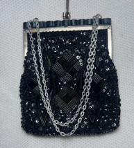 Vtg Fine Arts Bag Art Deco Style Hong Kong Black Sequins Beads Kiss Clasp Purse - £23.77 GBP