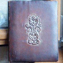 Vintage Notebook Leather Cover Tooled Leather Sleeve w/ Cat Animal Figurine &#39;70s - £37.07 GBP