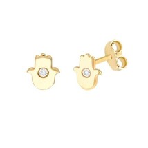 14K Solid Yellow Gold Diamond Hamsa Baby Mini Stud Earrings -Minimalist - £145.49 GBP