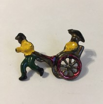 Vintage Rickshaw Pin Brooch Silver Metal Painted Taxi Man Pulling Woman - £23.98 GBP