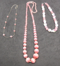 LOT of 3 Art Slag Glass Pink Necklaces 2 Choker 1 Long Pink Roses Hand Knotted - £23.60 GBP