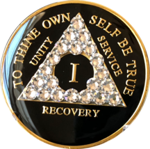 1 - 50 Year AA Medallion Clear Swarovski Crystal Black Tri-Plate Sobriety Chip - £16.68 GBP