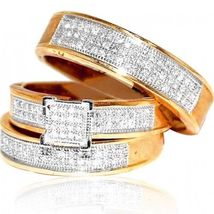 14k Rose Gold Finish 2Ctw Diamond His &amp; Her Trio Wedding Engagement Ring Set - £74.71 GBP