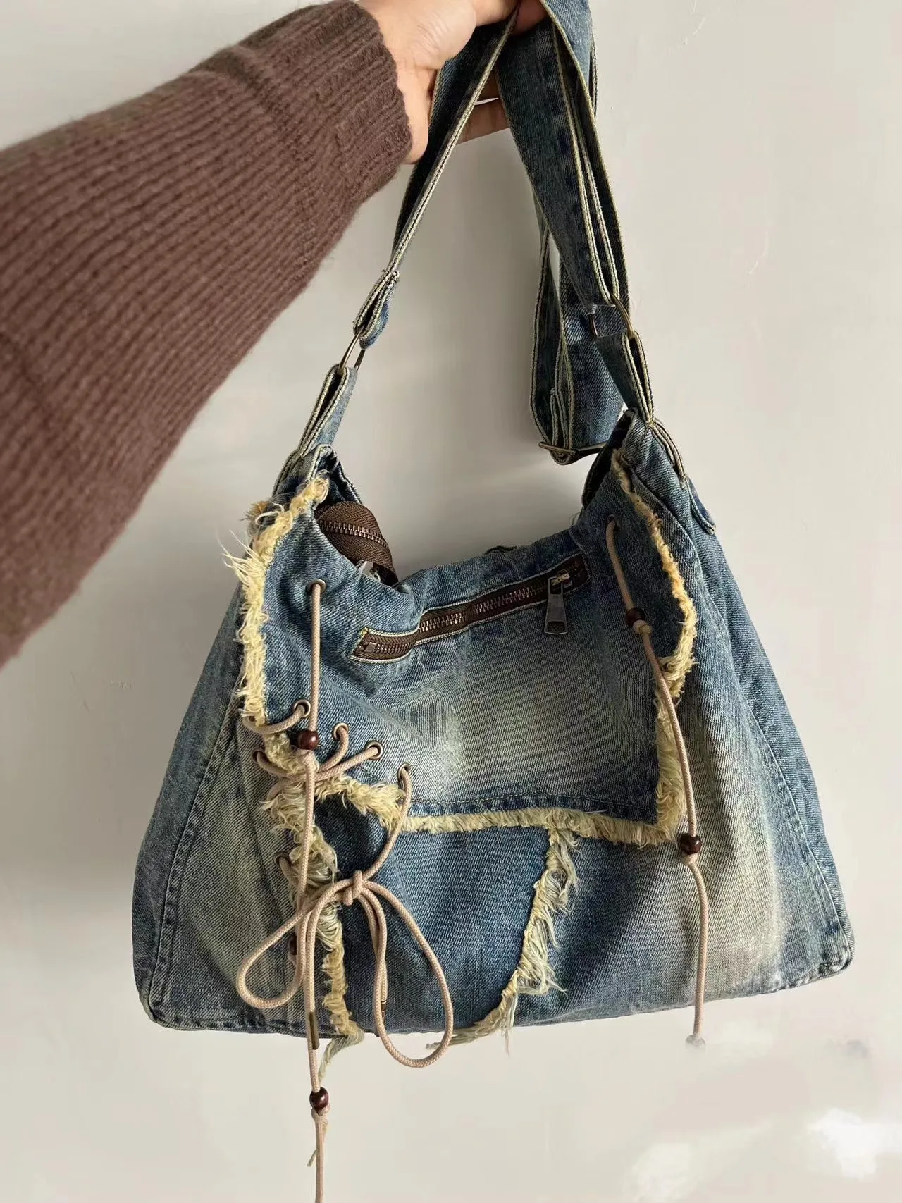 Washed Denim Jeans Casual Totes for Women Shoulder Bags Soft Student Lar... - $44.81