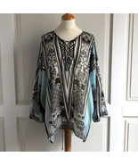 Roberto Cavalli Turquoise Blue/Black/White Silk Print Lace-Up Top Blouse - $198.97 CAD