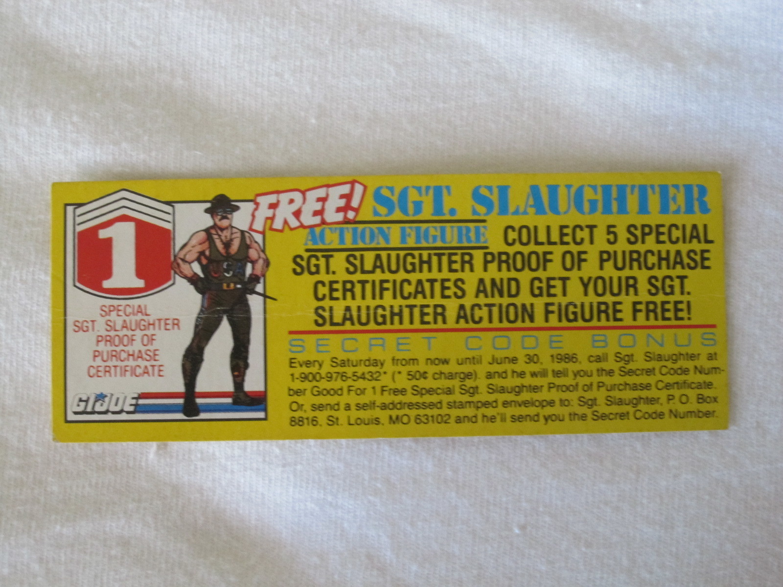 vintage 1986 GI Joe Action Figure Insert: Free SGT. Slaughter Figure
