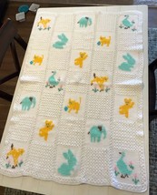 Crochet Knit Baby Infant Blanket White with Animals Nursery Decor 44 X 32 In - £9.45 GBP