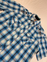 Rafter C Cowboy Collection Pearl Snap Plaid Shirt Embroidered Yokes Blue Mens L - £19.11 GBP