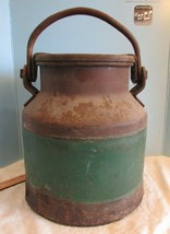 Vintage Primitive Industrial Steel Metal Green Rusty Milk Can W/LID 12&quot; - £71.94 GBP