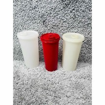 Vintage Tupperware White Red Cream Set Of 3 Pitcher Carafe With Snap On Lid - $28.42
