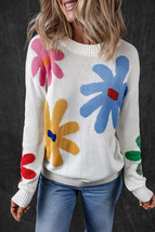 White Colorful Big Flower Pattern Crewneck Sweater - $50.99