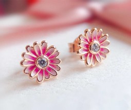 Rose Gold Rose™ Pink Daisy Flower Stud Earrings With Enamel &amp; CZ Stud Earrings - £13.74 GBP