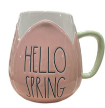 New Rae Dunn Pink/White &quot;Hello Spring&quot; Mug Green Handle Tulip Flower 2023 - £23.79 GBP