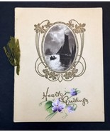 Antique Hearty Greetings Christmas Card Embossed Hand Painted Late 1800s - $20.00