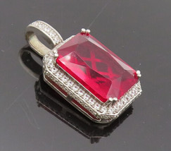 925 Sterling Silver - Vintage Emerald Cut Large Ruby Halo CZ Pendant - PT22264 - £33.55 GBP