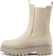 mysoft women&#39;s Chelsea Combat Boots Mid Calf Platform Chunky Heel Beige ... - $19.05