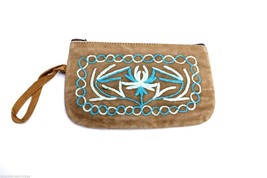 Vintage  Suede Change Purse Embroidered Brown &amp; Turquoise Phone Case 1970s - $21.78