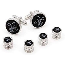 Mardi Gras Fleur de lis Etched Black Onyx Studs and Cufflinks Silver Trim - $142.10