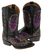 Girls Kids Black Fuchsia Cross Sequins Inlay Leather Western Cowboy Boots Snip - £45.55 GBP