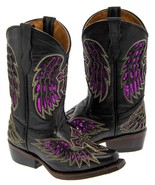 Girls Kids Black Fuchsia Cross Sequins Inlay Leather Western Cowboy Boot... - £45.30 GBP