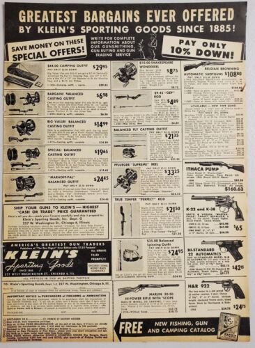 1949 Print Ad Klein's Sporting Goods Browning Shotguns,Smith Wesson Revolvers - $12.58