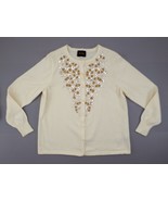 Bob Mackie Knit Cardigan Sequin Beaded Sweater L Cream Wearable Art - $33.85 CAD