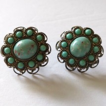 Faux Turquoise Earrings Clip On Filigree Vintage Silver Tone Southwester... - $24.73