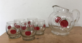 Vtg Mid Century Art Deco Tomato Juice Handpainted Glass Pitcher Cups 6 P... - $59.99