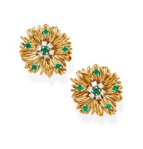 Oscar Heyman 18k Yellow Gold and Platinum Emerald and Diamond Ear Clips - $4,949.99