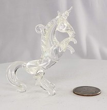 Blown Art Glass Unicorn Rearing Miniature Figurine Clear Glitter - $16.49
