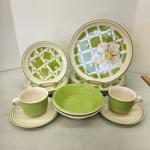 Rare 14 Pc Set 1970 Mikasa Everfresh Green Bamboo Yellow Flower Plates Bowls Cup - £63.18 GBP