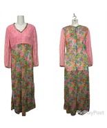 Vintage 1960s 1970s Handmade Semi Sheer Maxi Dress Lace Bodice Pink Flor... - $59.28