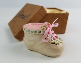 Vintage Jere Baby Girl Shoe Trinket Box Pink Enamel Austrian Crystals Magnetic - £21.26 GBP