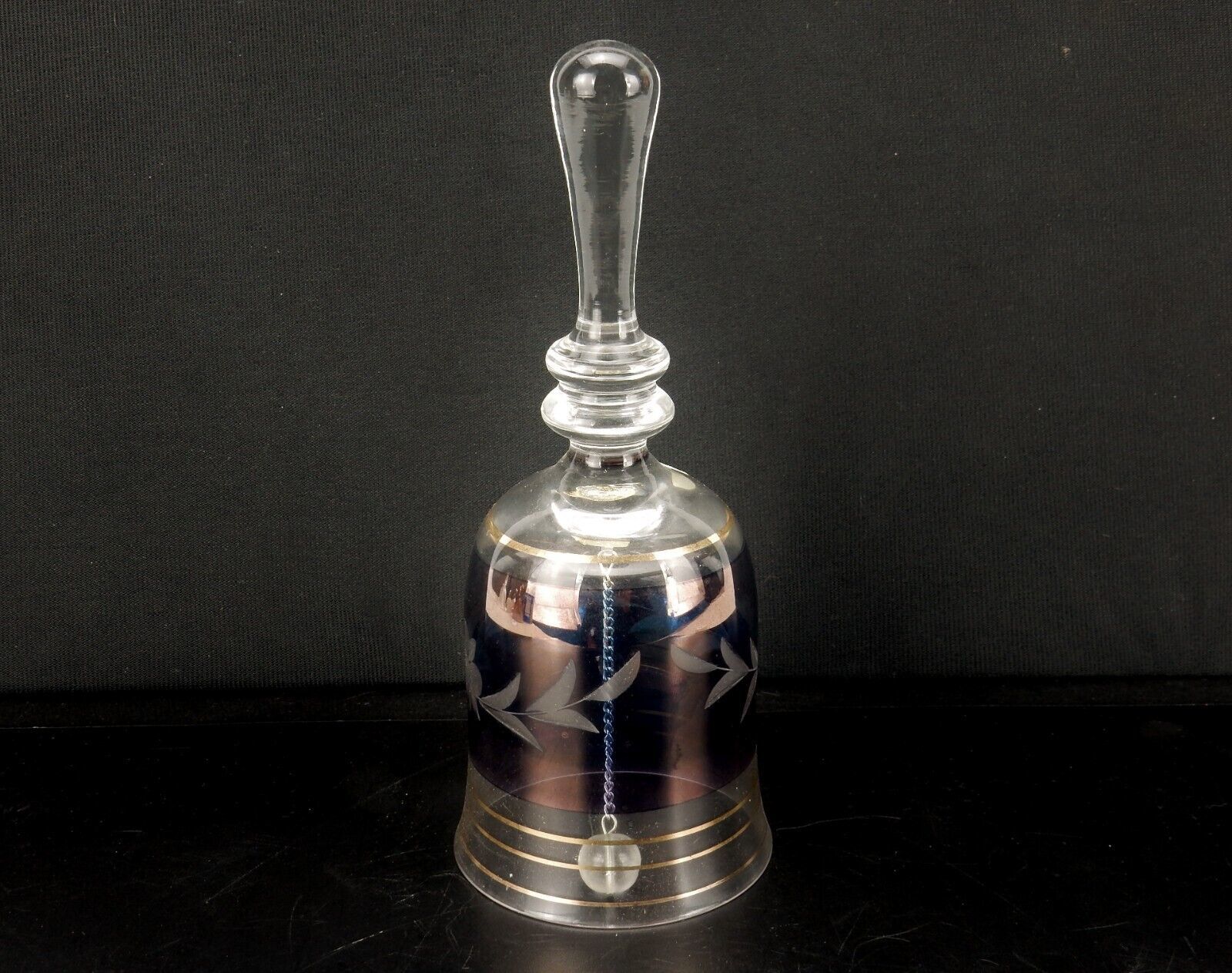 Primary image for Hungarian Crystal Bell, Blue Etched to Clear Flowers & Leaves, Gold Pin Stripes