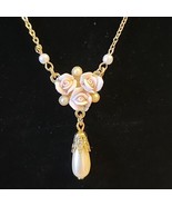 1928 Jewelry Set Pink Rose Floral Faux Pearl Pendant Necklace and Brooch... - £29.48 GBP