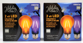 Lot of 2 Clear Glass LED Light Bulbs Orange &amp; Purple Halloween Decorations 2 PK - £10.44 GBP