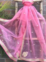 Salmon Pink Organza Dupatta For Women with Gold Embroidered Border DP008 - £26.73 GBP