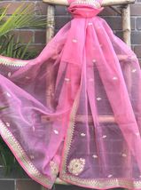 Salmon Pink Organza Dupatta For Women with Gold Embroidered Border DP008 - £26.21 GBP