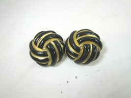 Vintage Black Gold Swirl Clip On Earrings Large 52288 Enamel - £12.65 GBP