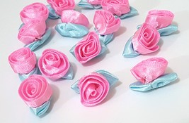 Approx 1&quot; / 2.5cm Length 50pc Pink &amp; Light Blue Satin Rose Flower Handma... - $6.99