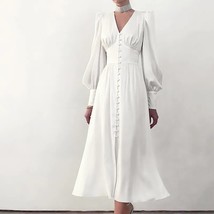 Chic Satin Lantern Long Sleeve Midi Dresses Women Single Breasted High Waist Par - £95.04 GBP