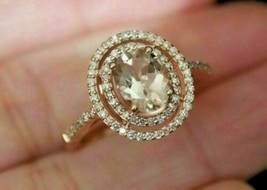 2Ct Oval Cut Morganite Diamond Double Halo Engagement Ring In 14K Rose Gold Over - £85.67 GBP