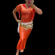 Luxury Belly Dance Costume: Red &amp; Gold Oriental Dress with Coins - $159.00