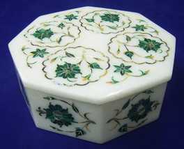 4&quot;x4&quot;x2&quot; Marble Jewelry Box Real Malachite Inlay Floral Art Collectible Gifts - £225.17 GBP