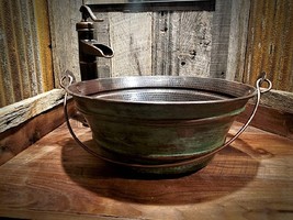 15&quot; Round Hand Hammered Copper Bucket Vessel Sink with GREEN Patina with... - £264.38 GBP