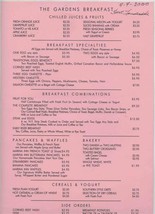 The Gardens Breakfast Menu Marina Inn Fort Lauderdale Florida 2000 - £10.98 GBP