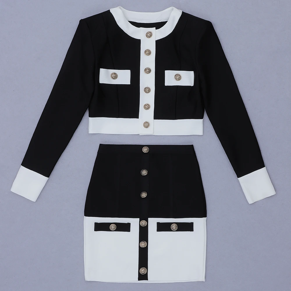 High Street Autumn work Black White O Neck Long Sleeves With Pockets Buttons Two - $121.53