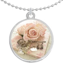 Pink Rose Vintage Key Round Pendant Necklace Beautiful Fashion Jewelry - $10.77