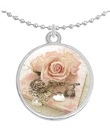 Pink Rose Vintage Key Round Pendant Necklace Beautiful Fashion Jewelry - $10.77